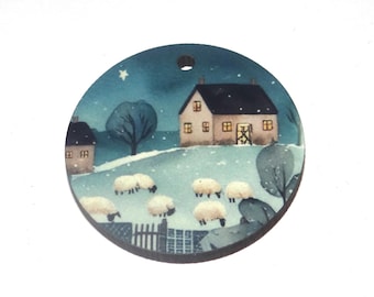 Wooden Two Sided Sheep Winter Snow Pendant Handmade 30mm MM3-4