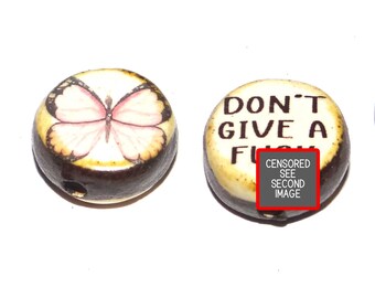 1 Ceramic Double Sided Quote Bead Porcelain Handmade  15mm PP3-1