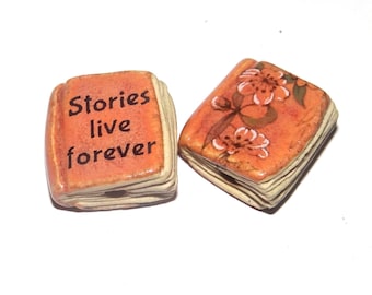Ceramic Book Bead Focal Handmade Rustic Floral Quote Word Sculpture Porcelain 22mm