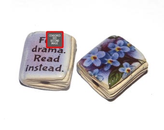 Ceramic Book Bead Focal Handmade Rustic Floral Quote Word Sculpture Porcelain 22mm