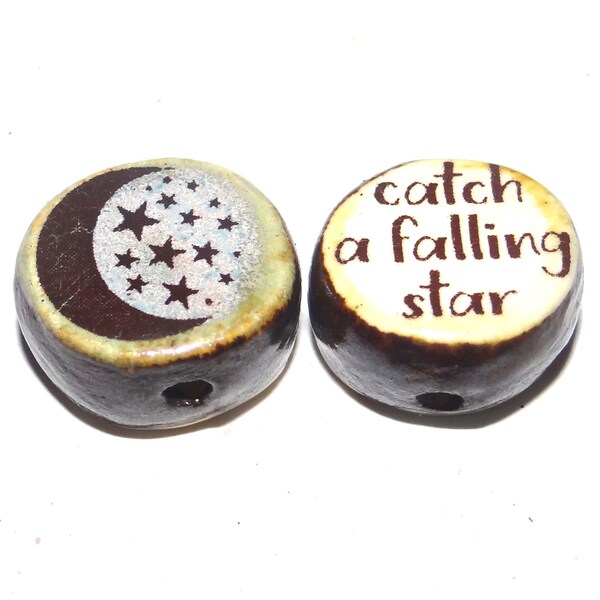 1 Star Ceramic Double Sided Quote Bead Porcelain Handmade 18mm PP7-3