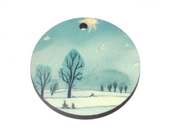 Wooden Two Sided Winter Pendant Handmade 30mm MM7-1
