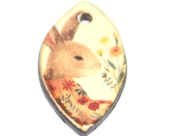 Ceramic Rabbit Pendant Handmade Focal Porcelain 30mm CC7-4