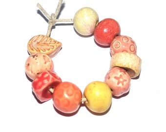 Ceramic Bead Set Textured Glazed Pottery Clay Handmade 8-15mm
