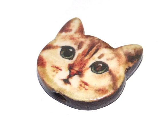 1 Ceramic Cat Face Focal Bead Handmade 20mm PP8-3