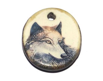 Small Ceramic Wolf Pendant Charm Handmade Focal Porcelain 20mm BB9-1