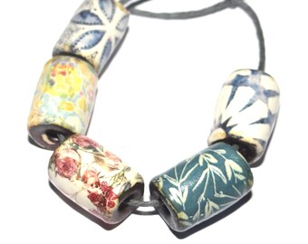 Ceramic Barrel Bead Set Handmade Porcelain 13mm