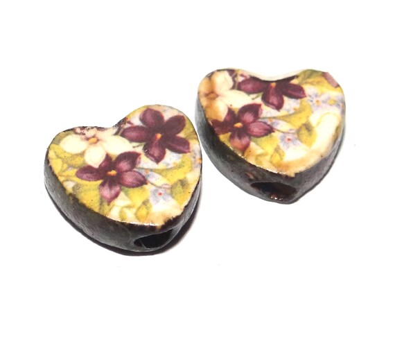 Ceramic Floral Hearts Earring Bead Pair Beads Handmade Rustic 14mm CC2-1