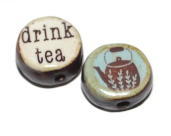 1 Ceramic Double Sided Quote Bead Porcelain Handmade 15mm PP10-4