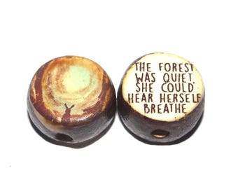 1 Ceramic Hare Forest Double Sided Quote Bead Handmade 13mm BB4-4