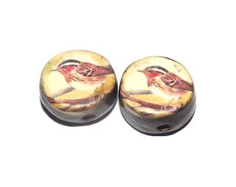 Ceramic Bird Finch Beads Pair Porcelain 15mm CC10-3