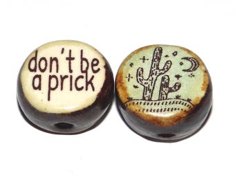 1 Ceramic Cactus Double Sided Quote Bead Porcelain Handmade 15mm BB5-3
