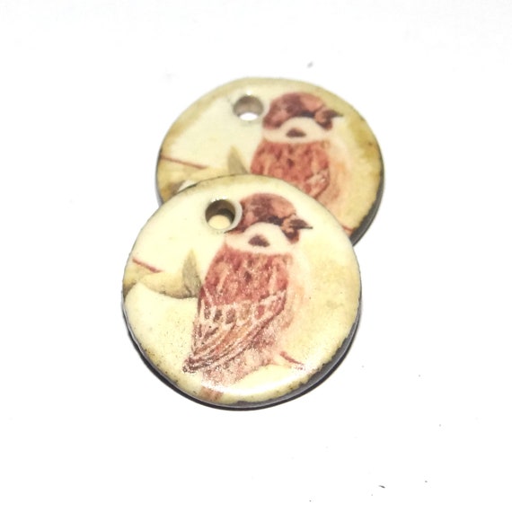 Ceramic Bird Earring Charms Pair Beads Handmade Rustic 18mm/0.7" P1-1