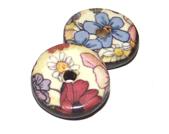 Ceramic Floral Patterned Disk Charms Beads Pair Porcelain 15mm PP2-1