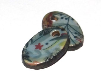 Ceramic Patterned Earring Charms Pair Beads Handmade Rustic 18mm CC1-2