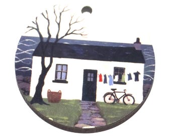 Wooden Two Sided Scottish House Sea Pendant Porcelain Handmade 30mm MM9-2
