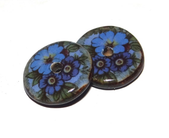 Ceramic Floral Disk Pair Beads Handmade Rustic 18mm/0.7" CC1-1