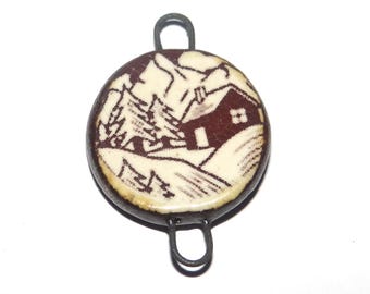 Ceramic Christmas Snow Scene Connector Pendant Porcelain Handmade 30mm CC9-2