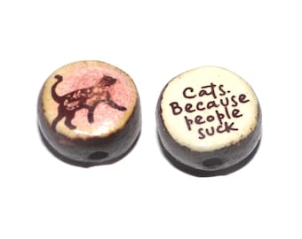 1 Ceramic Cat Double Sided Quote Bead Porcelain Handmade 13mm BB4-1