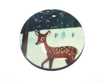 Wooden Two Sided Deer Winter Snow Pendant Handmade 30mm MM7-1