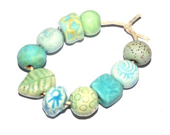 Ceramic Bead Set Textured Glazed Pottery Clay Handmade 8-15mm