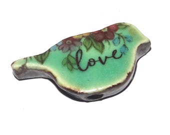 Ceramic Bird Bead Focal Handmade Rustic Floral Quote Word Porcelain 30mm PP2-1
