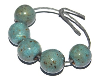 Ceramic Bead Set Blue Speckled Handmade 12mm