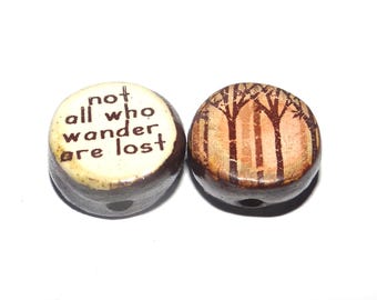 1 Ceramic Forest Double Sided Quote Bead Porcelain Handmade 13mm BB5-1