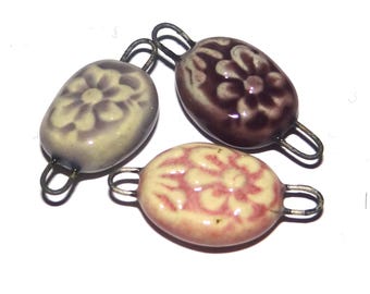Ceramic Flower Connector Set Floral Beads Purple Handmade 15mm