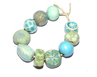 Ceramic Bead Set Textured Glazed Pottery Clay Handmade 8-15mm