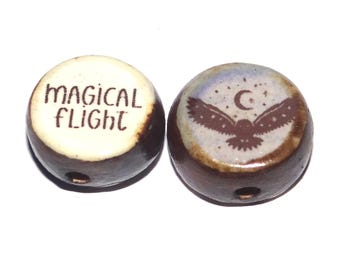 Ceramic Owl Focal Bead Quote Two Sided Porcelain Handmade 15mm BB5-1