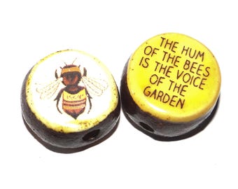 1 Ceramic Double Sided Quote Bead Porcelain Handmade 19mm CC4-4