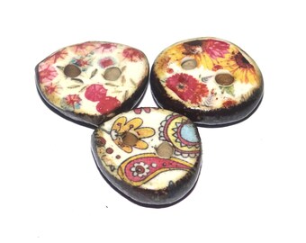 Ceramic Floral Patterned Buttons Handmade Unique Rustic 13-15mm CC9-1