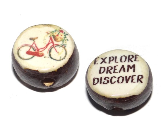 1 Ceramic Double Sided Quote Bead Porcelain Handmade 20mm Bicycle PP4-2
