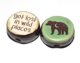 1 Ceramic Double Sided Quote Bead Porcelain Handmade 18mm CC4-4