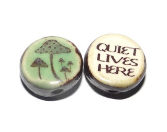 1 Ceramic Mushroom Double Sided Quote Bead Porcelain Handmade 13mm BB9-3
