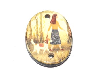 Ceramic Woman Dog Walker Pendant Handmade Focal Porcelain 27mm PP1-3