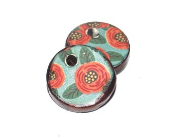 Ceramic Floral Charms Beads Pair Handmade 15mm PP2-3