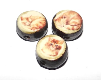 Ceramic Cat Bead Trio Beads Porcelain Handmade 14mm BB9-2