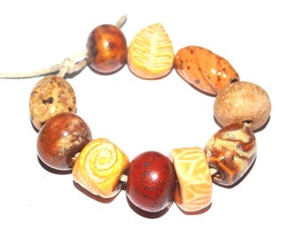 Ceramic Bead Set Textured Glazed Pottery Clay Handmade 8-15mm