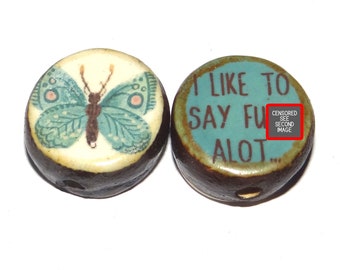 1 Ceramic Butterfly Bead Two Sided Quote Beads Porcelain Handmade  20mm
