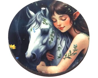 Wooden Two Sided Horse Pendant Porcelain Handmade 30mm MM10-4