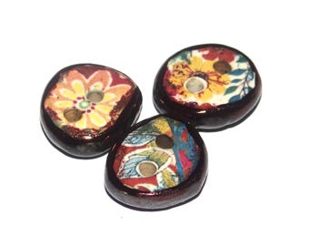 Ceramic Floral Patterned Buttons Handmade Unique Rustic 13-15mm CC9-1