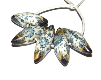 Ceramic Twig Patterned Floral Beads Porcelain Handmade 20mm