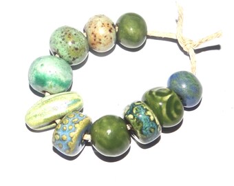 Ceramic Bead Set Textured Glazed Pottery Clay Handmade 8-15mm