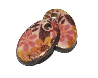 Ceramic Patterned Earring Charms Pair Beads Handmade Rustic 18mm CC1-2