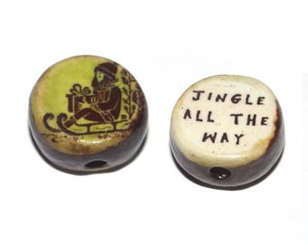 1 Ceramic Christmas Double Sided Quote Bead Porcelain Handmade 15mm BB8-4
