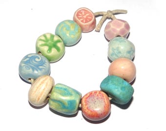 Ceramic Bead Set Textured Glazed Pottery Clay Handmade 8-15mm