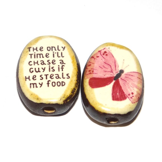 1 Ceramic Double Sided Quote Bead Porcelain Handmade  25mm PP4-1