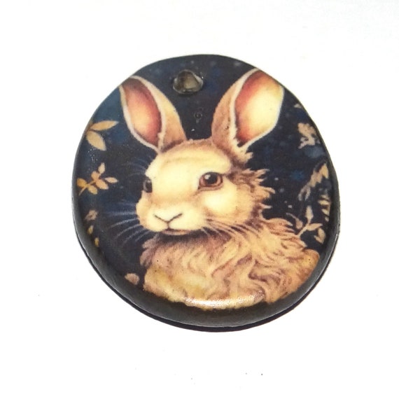 Ceramic Rabbit Pendant Handmade Focal Porcelain 30mm CC7-2